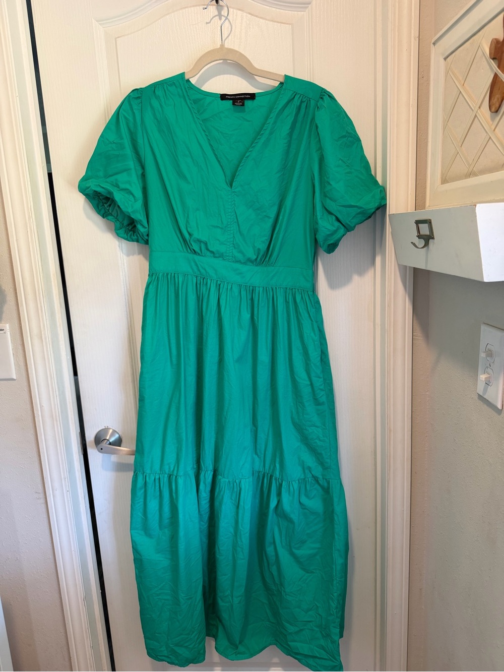 French Connection Teal Green V‑Neck Puff Sleeve Midi Dress